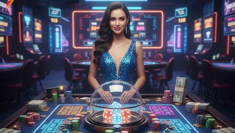 Professional Nustar live dealer managing a blackjack game in a luxurious setting